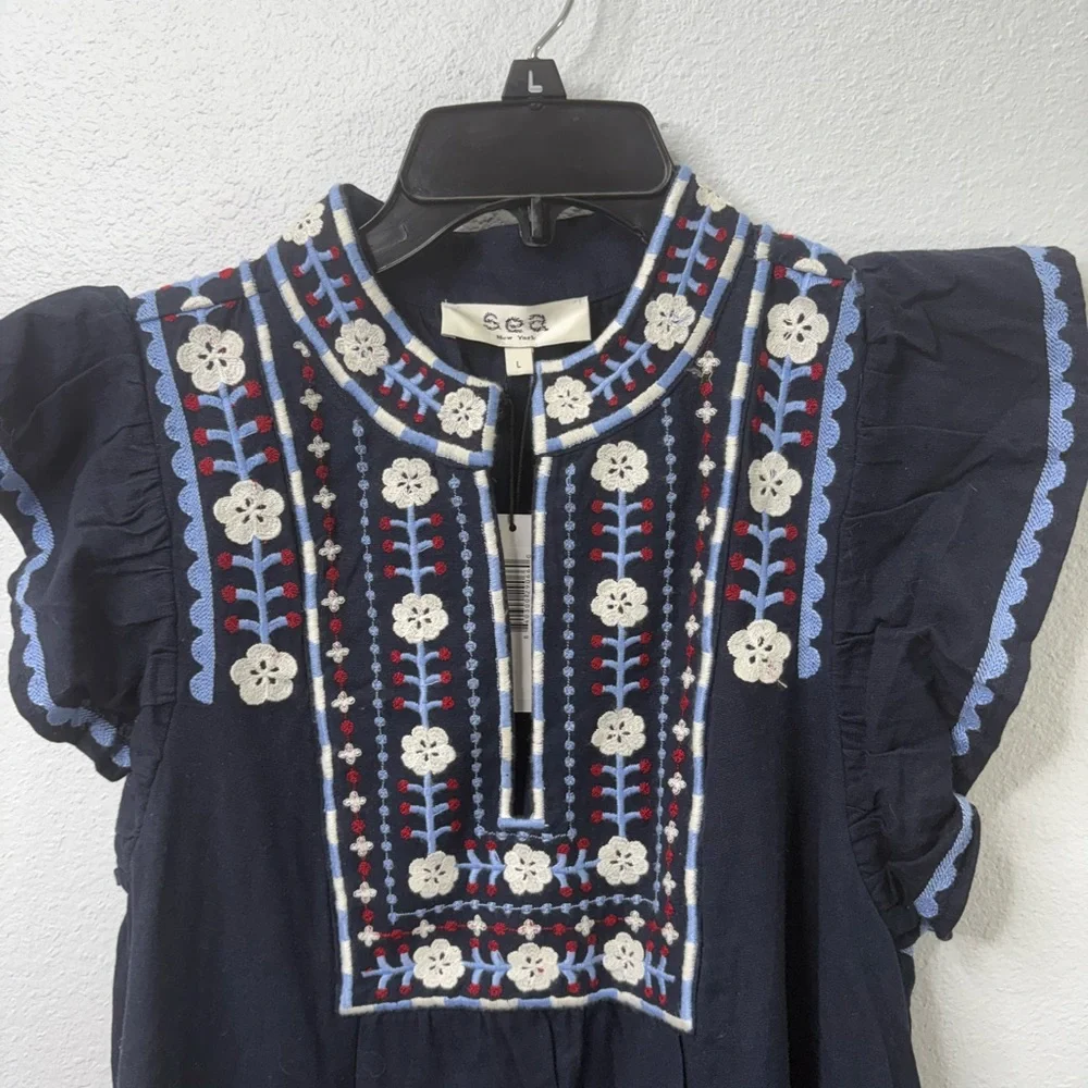 Sea New York Large Shaina Embroidery Flutter Sleeve Dress in Navy Size Large NWT - Picture 3 of 8